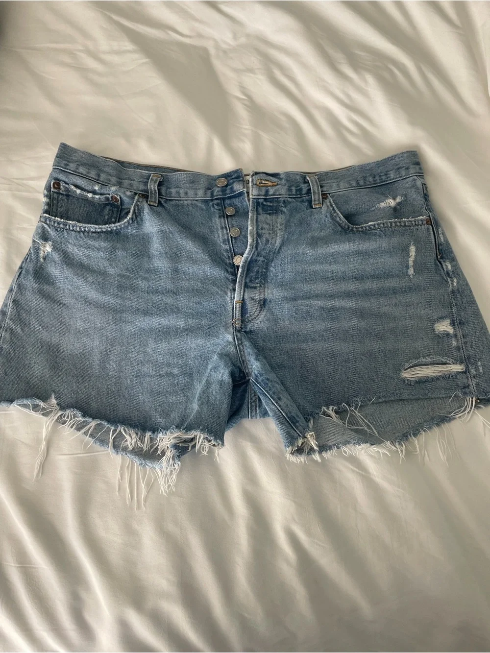 Agolde Light Blue Distressed High-Rise Long Denim Shorts